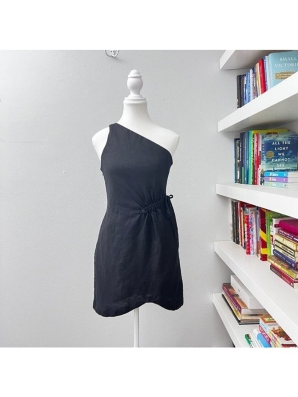 Aulieude Black Linen One Shoulder Mini Dress Australian Size 8 small